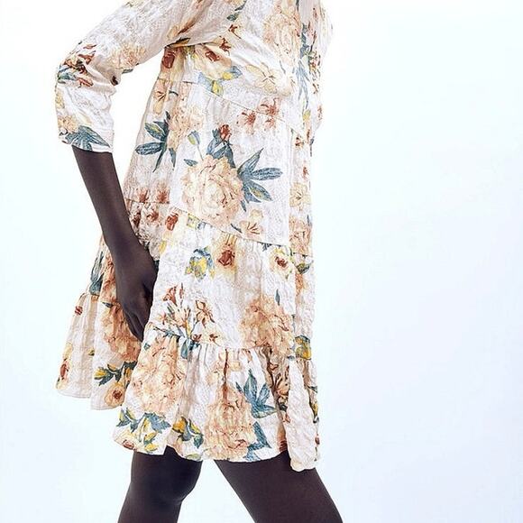 Zara Multicolor Floral Textured 3/4 Sleeve Tiered Flounce Hem Mini Shift Dress M - Picture 13 of 16
